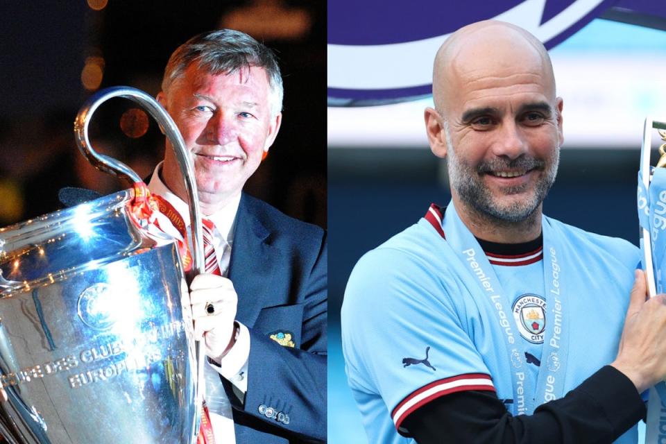Managerial genius: Sir Alex Ferguson and Pep Guardiola are currently tied for Champions League victories (Getty Images)