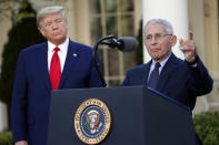 Dr. Anthony Fauci, director of the National Institute of Allergy and Infectious Diseases, speaks about the coronavirus in the Rose Garden of the White House, Monday, March 30, 2020, in Washington, as President Donald Trump listens. (AP Photo/Alex Brandon)