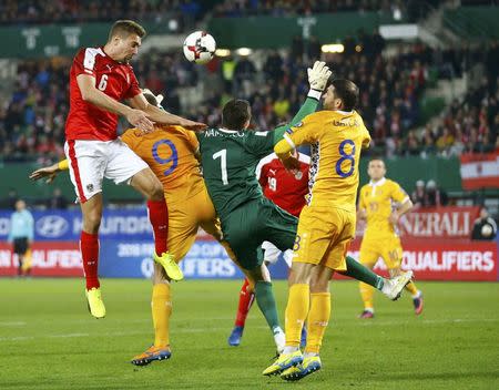 Football Soccer - Austria v Moldavia - 2018 World Cup Qualifying European Zone - Group D - Ernst-Happel Stadium, Vienna, Austria - 24/03/17 - Austria's Stefan Ilsanker and Moldavia's Satniaslav Namasco in action. REUTERS/Leonhard Foeger