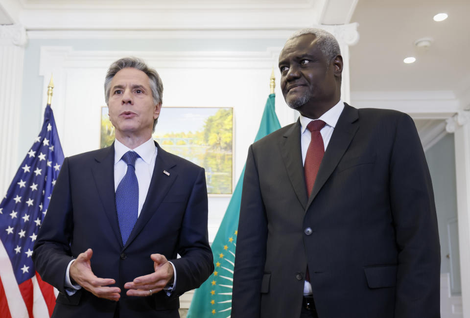 Secretary of State Antony Blinken speaks as he meets with African Union Commission Chairperson Moussa Faki Mahamat on Thursday, Oct. 27, 2022 in Ottawa, Ontario, Canada. (Blair Gable/Pool Photo via AP)