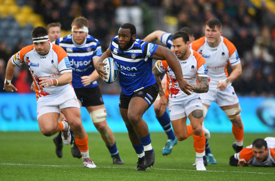 WORCESTER, ENGLAND - FEBRUARY 15: Beno Obano of Bath Rugby breaks with the ball during the Gallagher Premiership Rugby match between Worcester Warriors and Bath Rugby at Sixways on February 15, 2020 in Worcester, England. (Photo by Harry Trump/Getty Images)