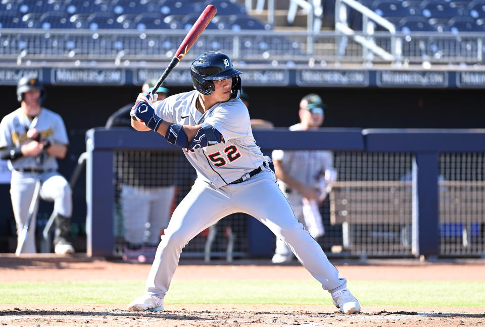 PEORIA , AZ - OCTOBER 18: Hao-Yu Lee #52 of the Salt River Rafters bats during the game between the Salt River Rafters and the Peoria Javelinas at Peoria Sports Complex on Wednesday, October 18, 2023 in Peoria , Arizona. (Photo by Norm Hall/MLB Photos via Getty Images)