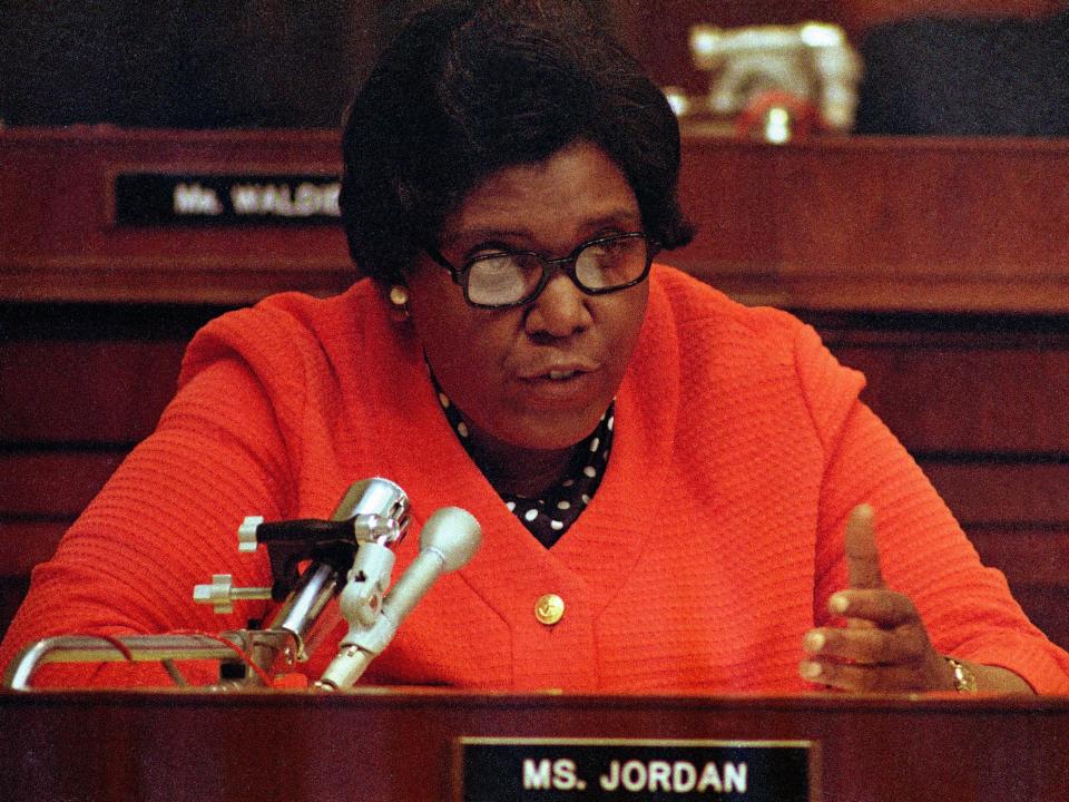 Barbara Jordan speaks during a hearing