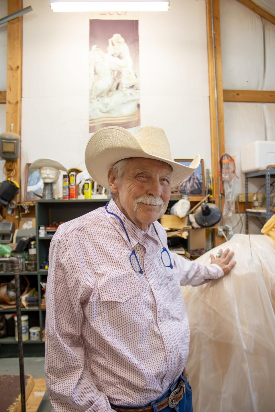 Harold Holden poses for a fall 2023 photo at his studio in Kremlin, while working on his monument to Frank Eaton, who was the inspiration for the Oklahoma State University mascot Pistol Pete.