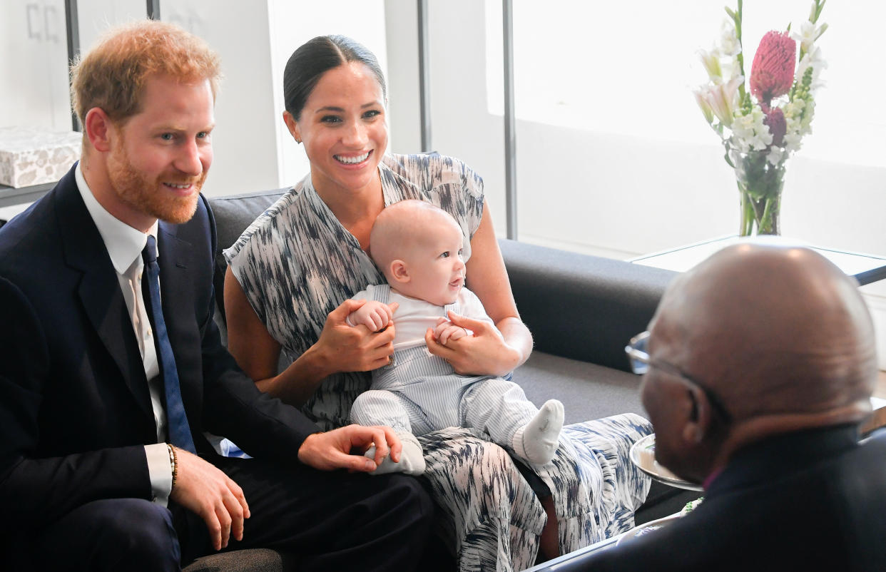 CAPE TOWN, SOUTH AFRICA - SEPTEMBER 25: Prince Harry, Duke of Sussex, Meghan, Duchess of Sussex and their baby son Archie Mountbatten-Windsor meet Archbishop Desmond Tutu and his daughter Thandeka Tutu-Gxashe at the Desmond & Leah Tutu Legacy Foundation during their royal tour of South Africa on September 25, 2019 in Cape Town, South Africa. (Photo by Toby Melville/Pool/Samir Hussein/WireImage)