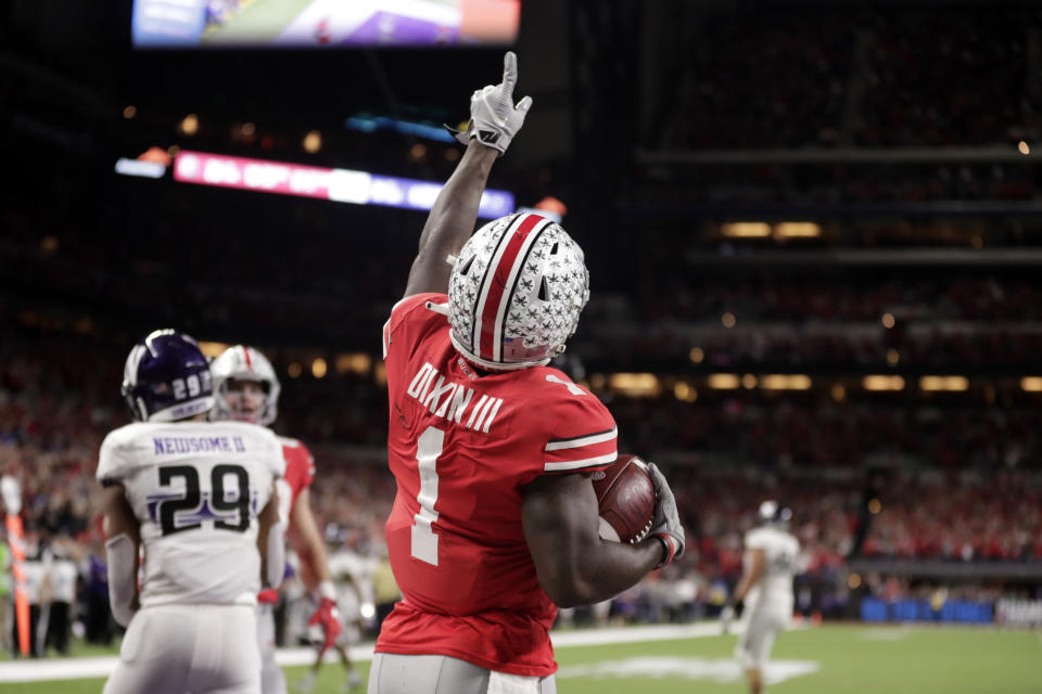Ohio State wide receiver Johnnie Dixon (1) celebrates a touchdown during the second half of the Big Ten championship NCAA college football game against Northwestern, Saturday, Dec. 1, 2018, in Indianapolis. (AP Photo/Michael Conroy)