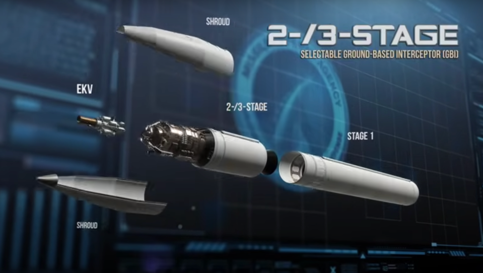 Artwork of the GBI interceptor showing the three stages and the kinetic-force Exoatmospheric Kill Vehicle or EKV. <em>MDA</em>