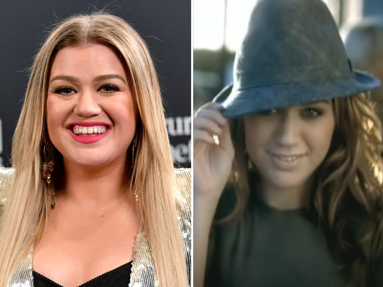 Kelly Clarkson in 2020 and in the music video for “Since U Been Gone."