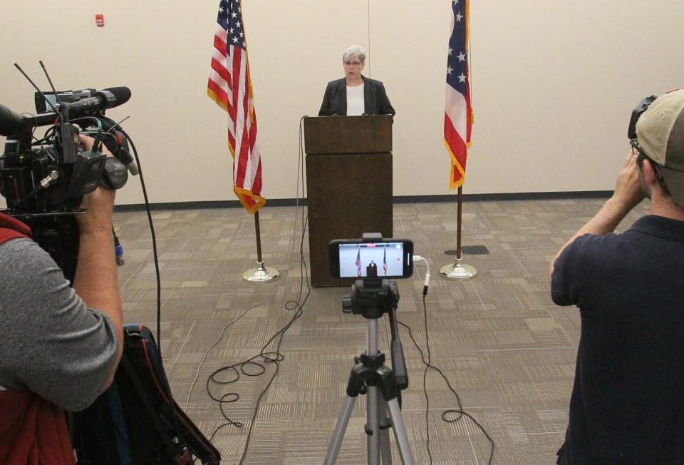 Summit County Medical Examiner Lisa Kohler discusses the results of Jayland Walker's autopsy during a press conference at Summit County Public Health on Friday in Akron. 