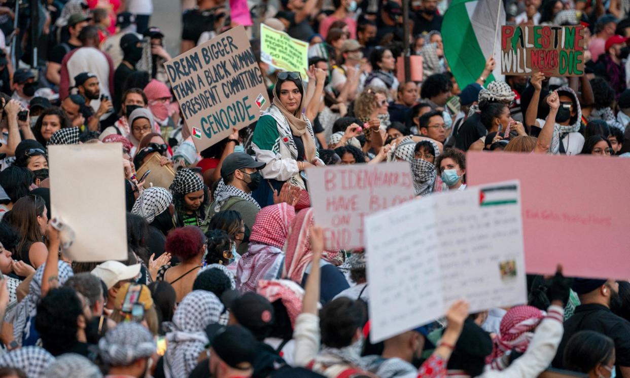 <span>A crowd of pro-Palestinian protesters outside of a campaign event for Kamala Harris in New York City, on Wednesday.</span><span>Photograph: David Dee Delgado/Reuters</span>