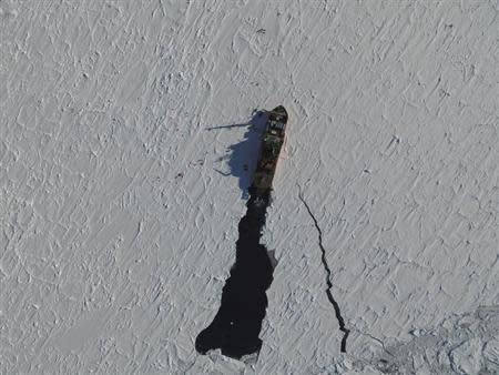 Stranded ship stuck in ice in Antarctica