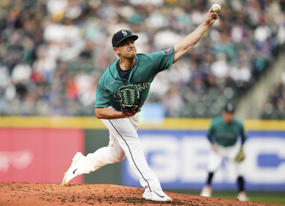 Seattle Mariners starting pitcher Marco Gonzales throws against the Houston Astros during the fourth inning of a baseball game Saturday, May 6, 2023, in Seattle. (AP Photo/Lindsey Wasson)