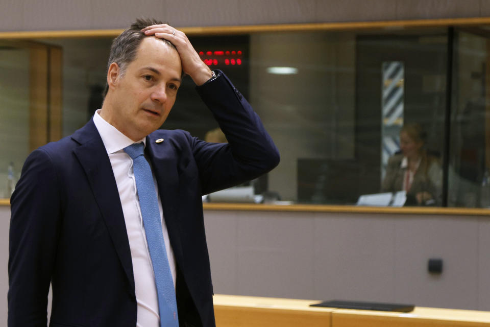 Belgium's Prime Minister Alexander De Croo arrives for a round table meeting at an EU summit in Brussels, Thursday, April 18, 2024. European Union leaders vowed on Wednesday to ramp up sanctions against Iran as concern grows that Tehran's unprecedented attack on Israel could fuel a wider war in the Middle East. (AP Photo/Omar Havana)