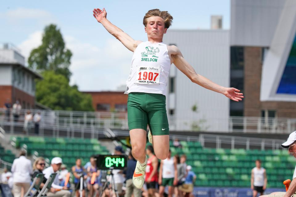 Sheldon’s Owen Phillips jumps in the 6A long jump at the OSAA state track and field championship at Hayward Field in Eugene Saturday, May 27, 2023.