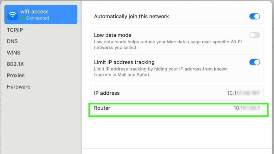 screenshot showing how to find the ip addressand gateway on a Mac