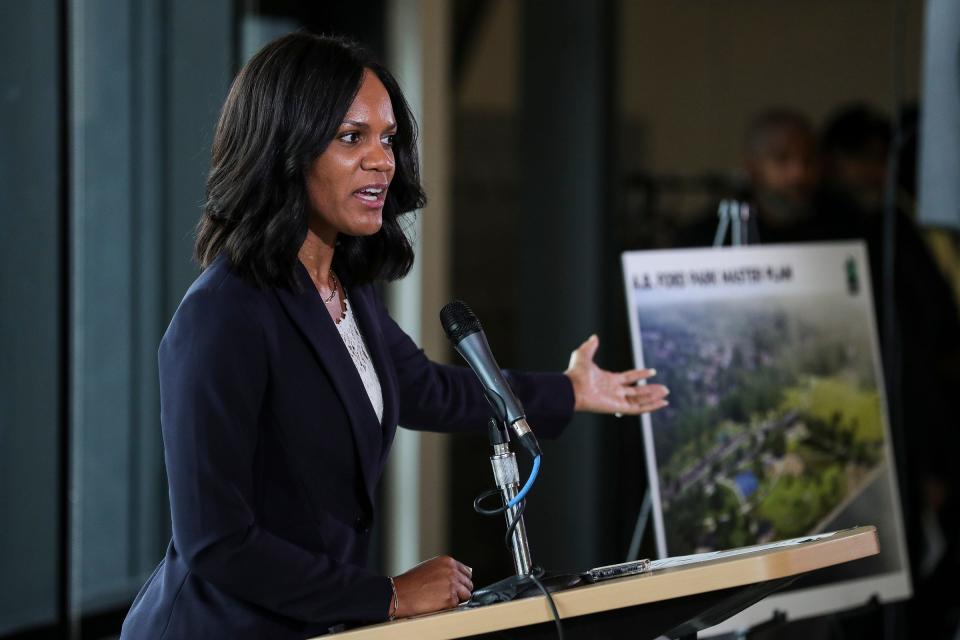Detroit council member Latisha Johnson speaks during the grand opening of the new community center at the A.B. Ford Park in Detroit on Thursday, Oct. 19, 2023.