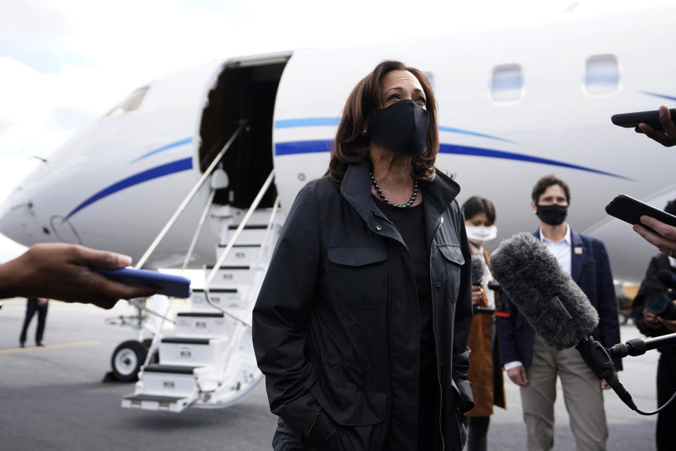 Democratic nominee for Vice President Sen. Kamala Harris speaks to reporters after landing for a campaign rally Sunday, Nov. 1, 2020, in Chamblee, Ga. (AP Photo/John Bazemore)