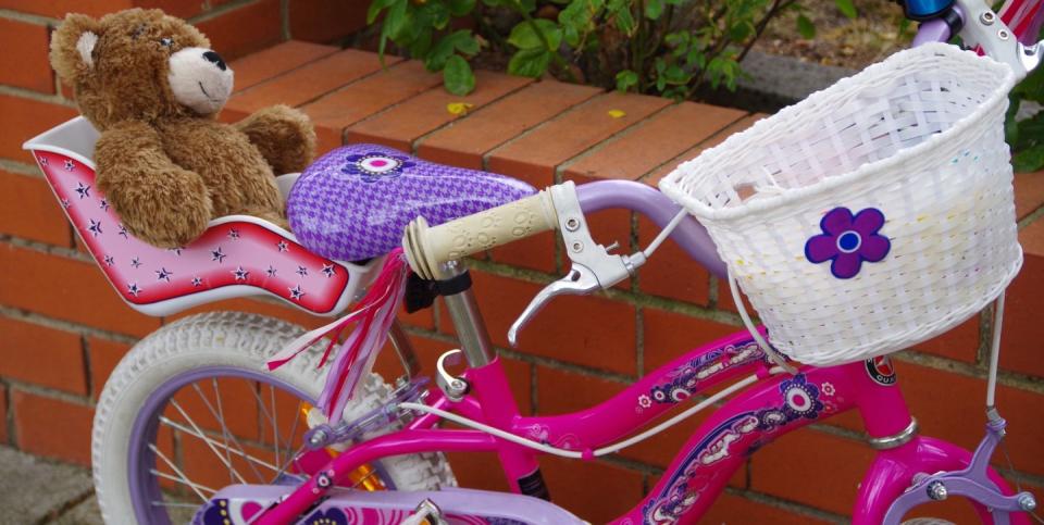 high angle view of teddy bear on pink bicycle