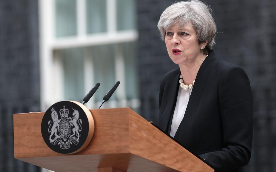 Theresa May speaking outside Downing Street on Tuesday morning - Credit: Jack Taylor/Getty