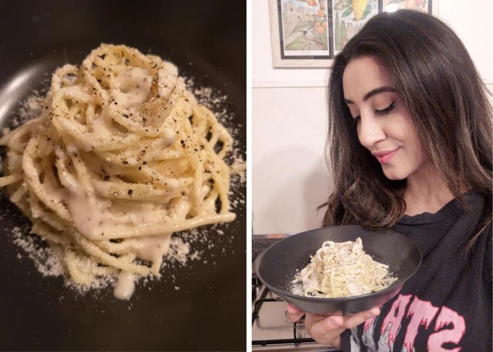 Completed cacio e pepe and the author with the meal.