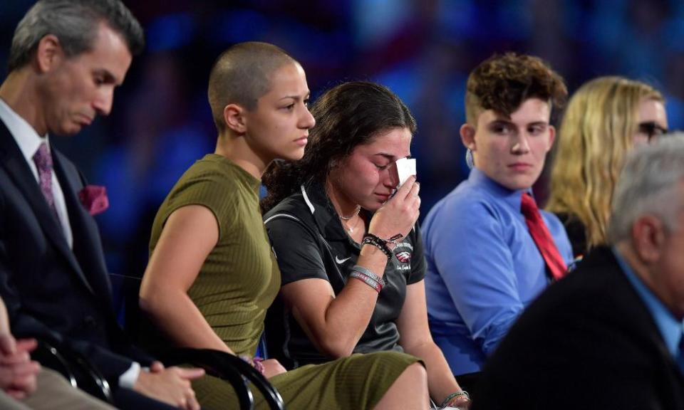 Marjory Stoneman Douglas High School student Emma Gonzalez and classmates at a CNN town hall in Sunrise, Florida on 21 February 2018.