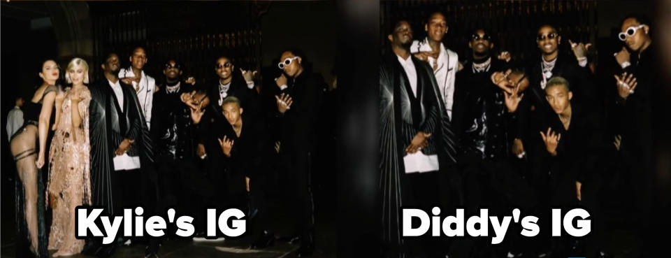Comparison of Kylie Jenner's IG Meg Gala photo vs. Diddy's IG Met Gala photo.