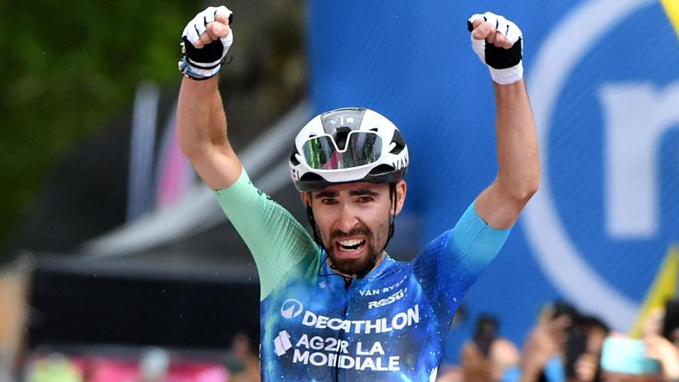 Decathlon AG2R La Mondiale Team's Valentin Paret-Peintre celebrates as he crosses the finish line to win stage 10