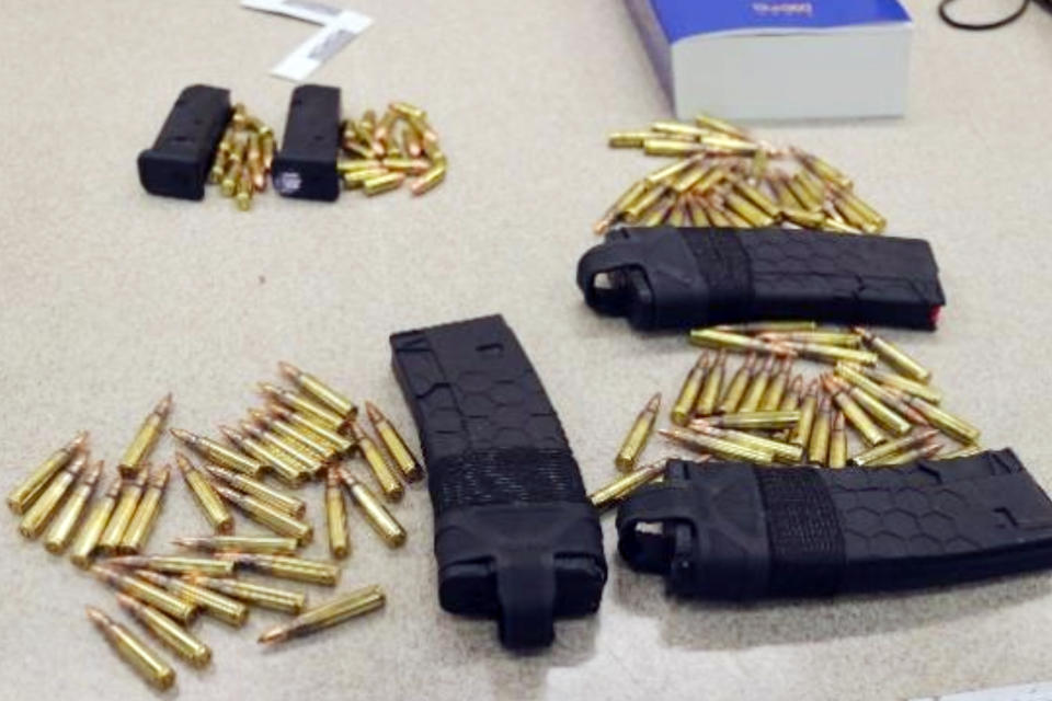 This image provided by the Garfield County, Colo., Sheriff's Office shows ammunition and clips belonging to Diego Barajas-Medina, a heavily armed man found dead at a Colorado mountaintop amusement park last year. Barajas-Medina researched mass shootings online but investigators could not find a reason for why he amassed an arsenal or determine why he didn’t follow through on “whatever he was planning”, authorities said Thursday, Feb. 1, 2024. (Garfield County Sheriff's Office via AP)