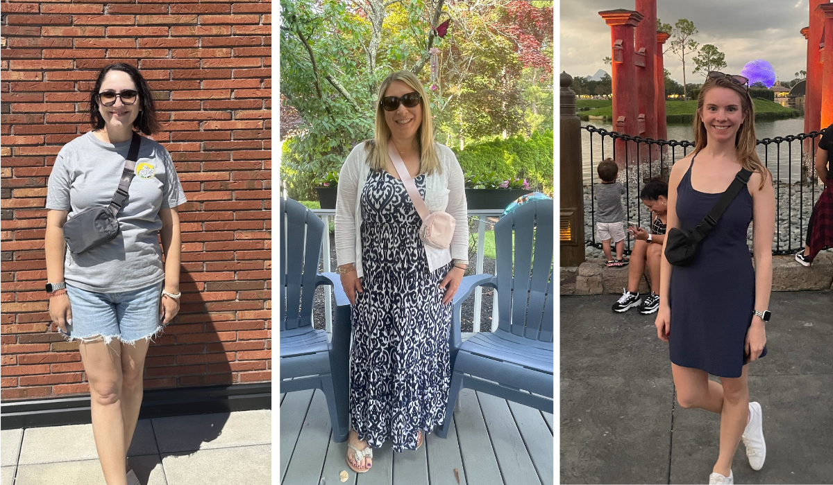 Three women using the Lululemon belt bag