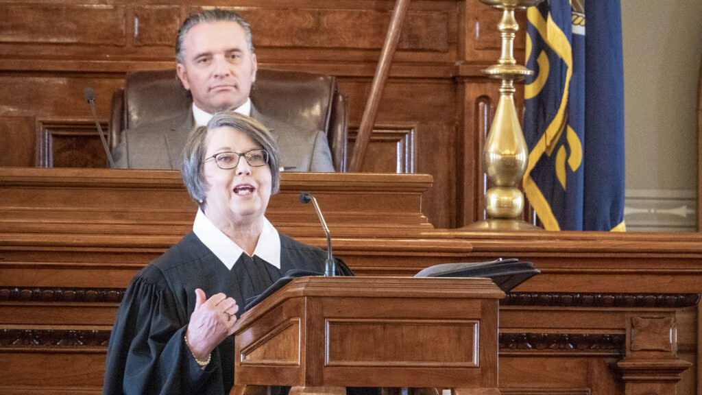 Kansas Supreme Court Chief Justice Marla Luckert, delivering a speech to the Legislature in January, says information systems compromised in an October cyberattack would start to be restored in December. (Sherman Smith/Kansas Reflector)