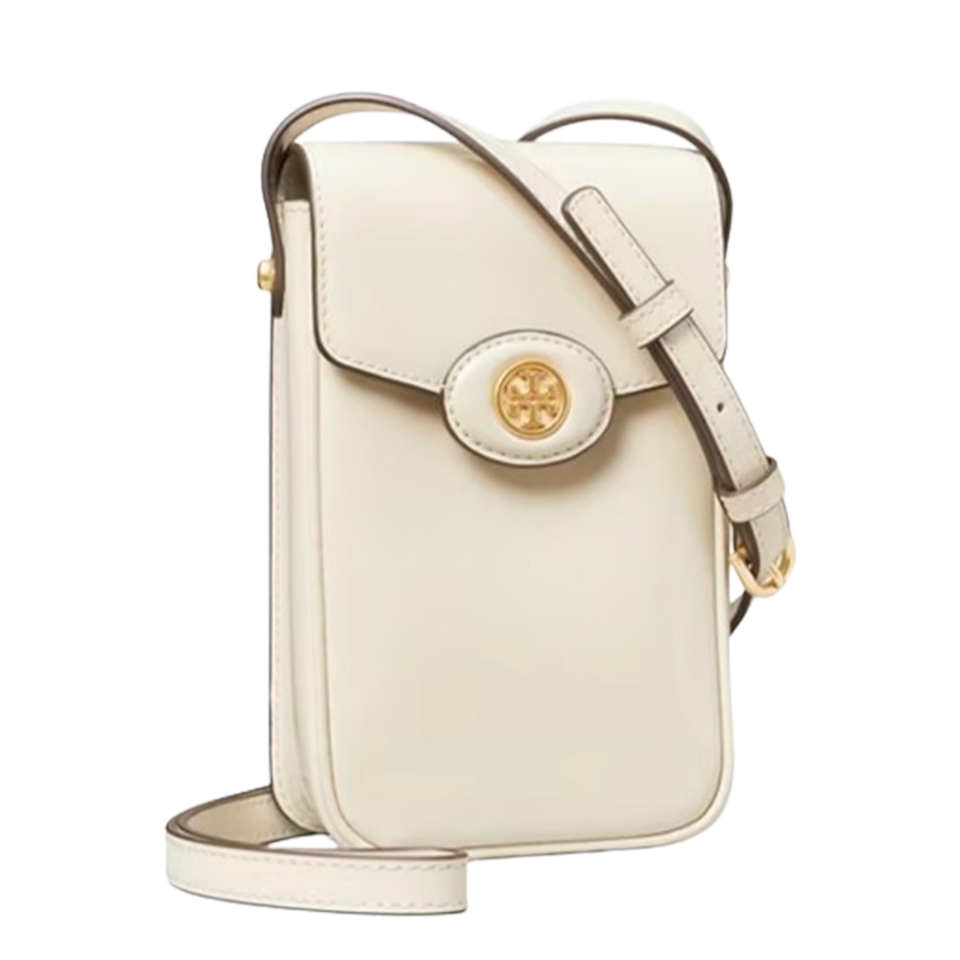 white flap closure phone crossbody bag with gold hardware
