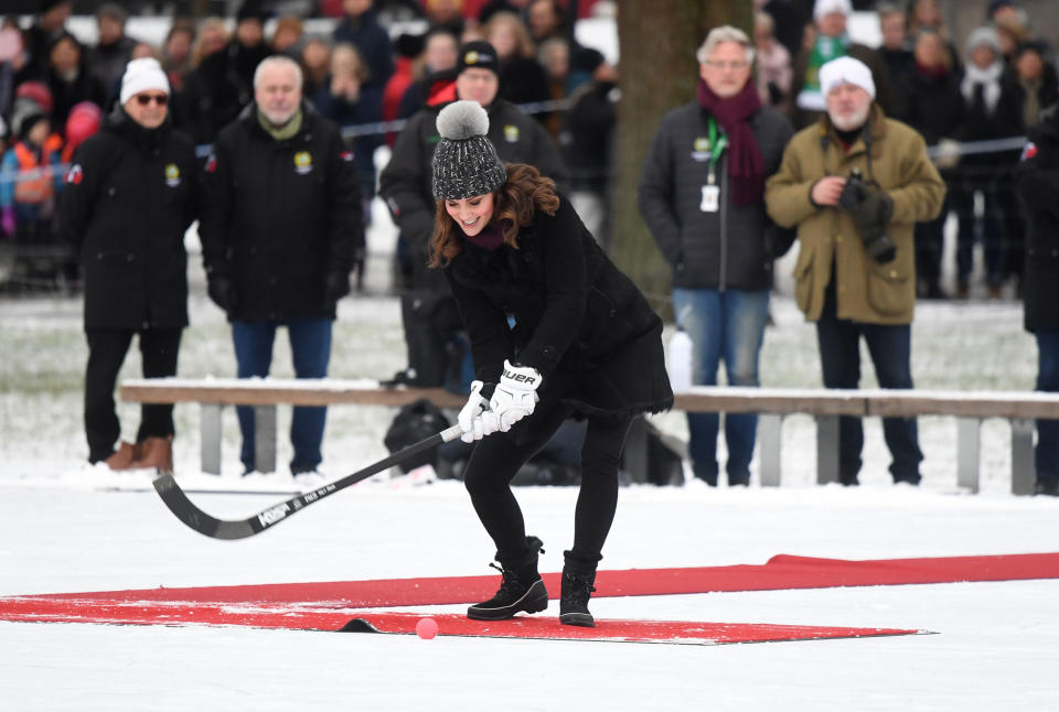 The Duchess showed off her ice hockey skills. (Photo: PA)