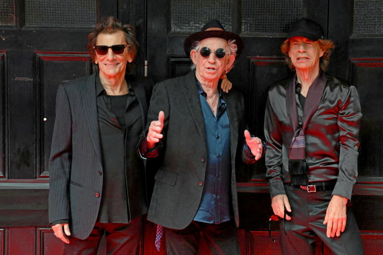 De droite à gauche Ron Wood, Keith Richards and Mick Jagger. Hackney Empire, Londres le 6 septembre 2023.   - Credit:DANIEL LEAL / AFP