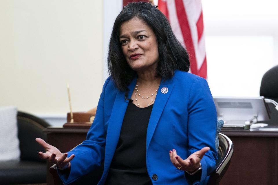 Representative Pramila Jayapal, a Democrat from Washington, speaks during an interview at her office on Capitol Hill in Washington, DC, US, on Tuesday, Dec. 6, 2022. Jayapal has gained a reputation as a skilled negotiator and built working relationships between the party's liberal wing and the moderate White House that resulted in executive actions on student loan debt.