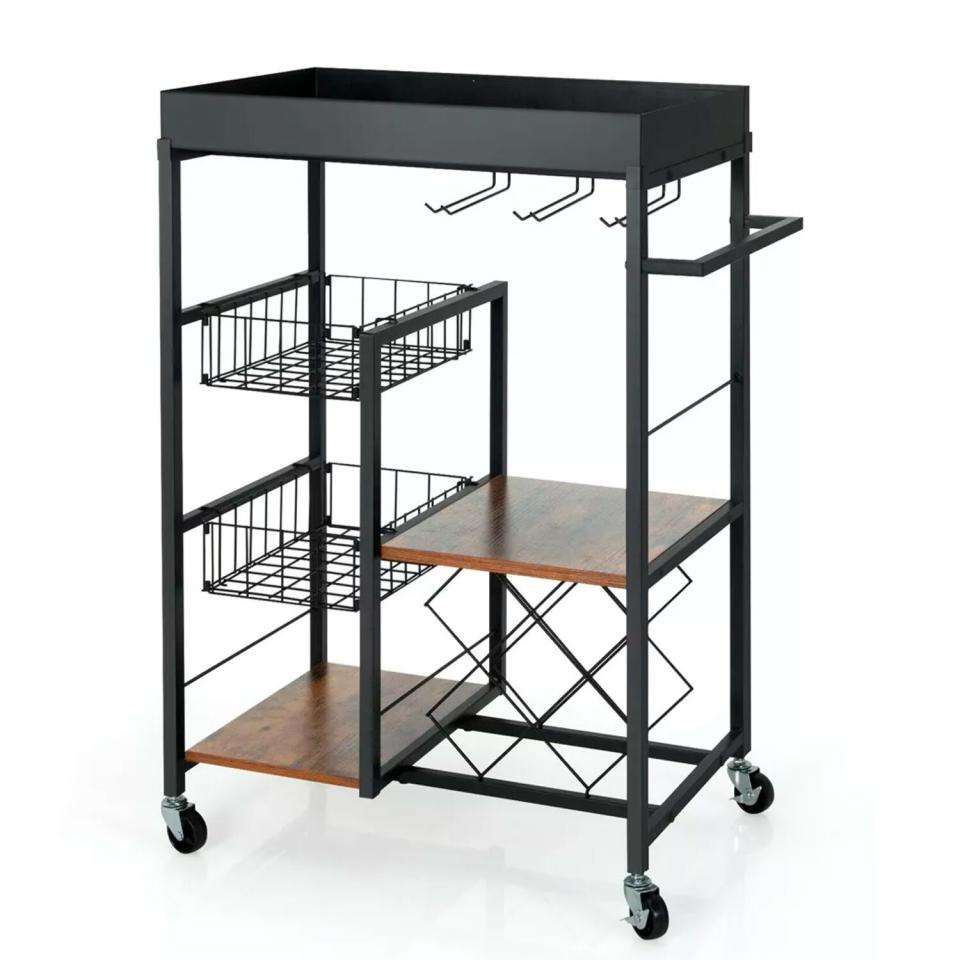 Costway 4-Tier Kitchen Bar Cart Rolling Serving Trolley Wine Rack Removable Tray Basket