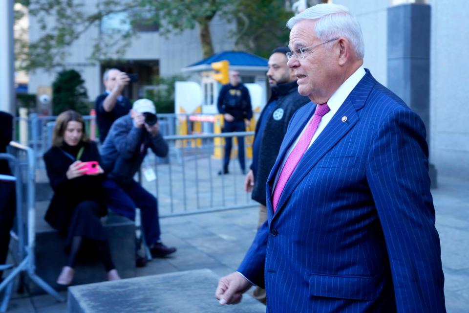 Senator Bob Menendez is shown as he exits federal court in the Southern District of New York, in lower Manhattan, after pleading not guilty, Monday, October 23, 3023.