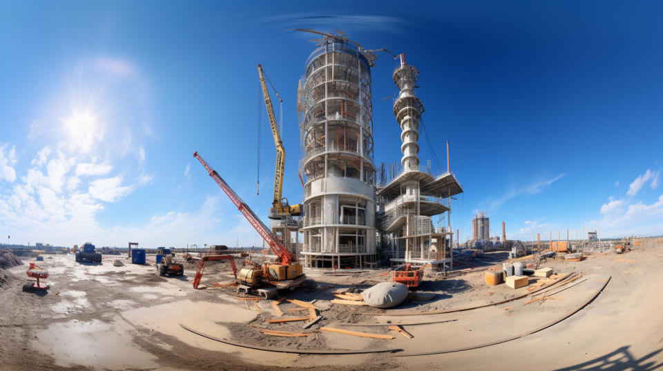 A 360 degree view of a partially constructed tower, featuring various pieces of equipment and constructionmaterials.