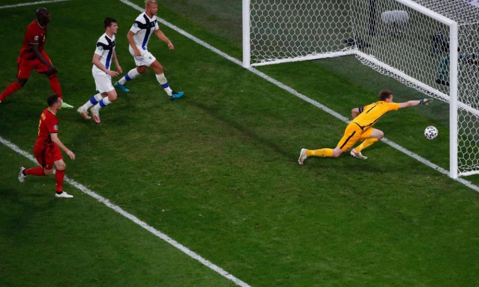 Lucas Hradecky is unable to prevent the ball crossing the line after hitting the bar and rebounding off him