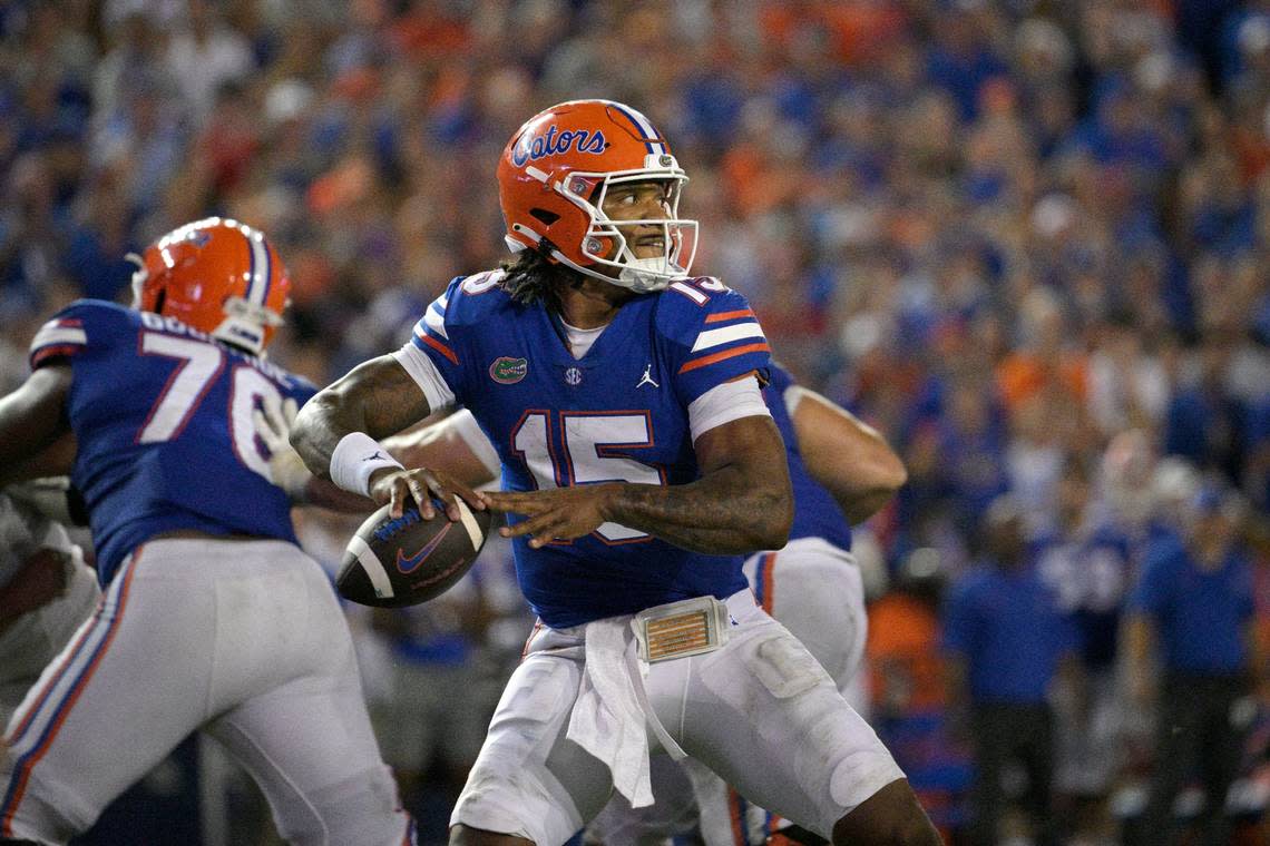 Florida quarterback Anthony Richardson (15) throws a pass during the second half of an NCAA college football game against Utah, Saturday, Sept. 3, 2022, in Gainesville, Fla. (AP Photo/Phelan M. Ebenhack)