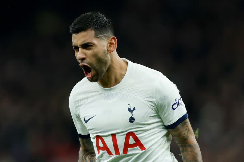 LONDON, ENGLAND - DECEMBER 7: Cristian Romero of Tottenham Hotspur celebrates 1st goal during the Premier League match between Tottenham Hotspur and West Ham United at Tottenham Hotspur Stadium on December 7, 2023 in London, England. (Photo by Nigel French/Sportsphoto/Allstar via Getty Images)