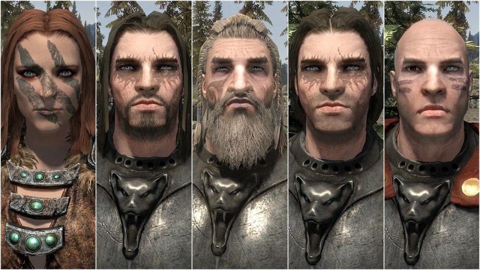 Best Skyrim mods — a series of screenshots showing the Total Character Makeover mod's improvements to the faces of the Companions