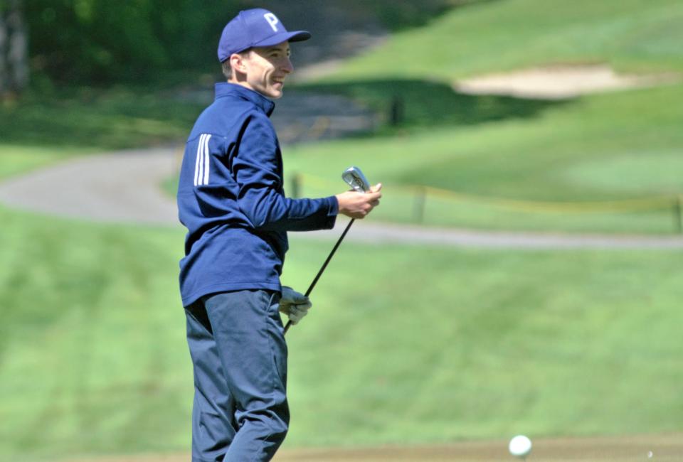 Petoskey's Andrew Licata gets ready to tee off during Wednesday's Big North Conference Championships at the Gaylord Country Club. Licata led on the day for the Northmen with a round of 83.