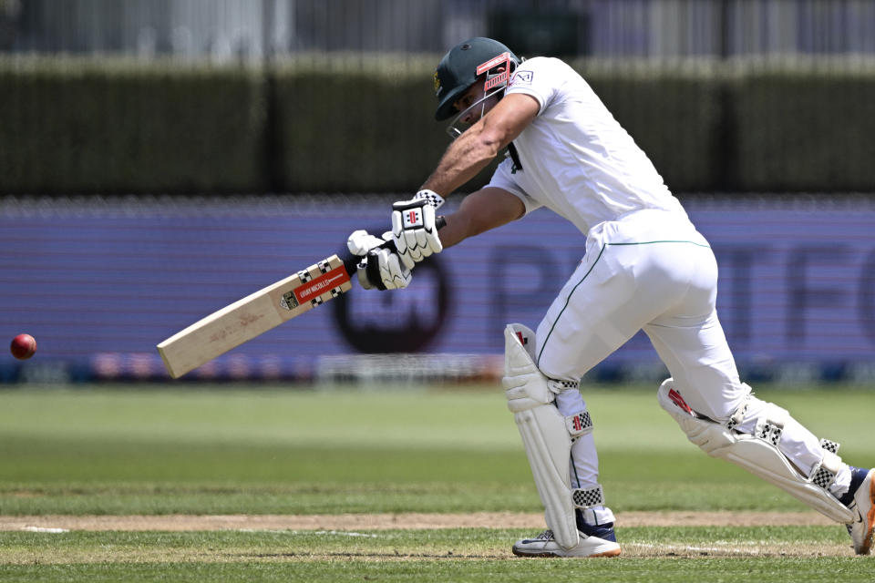 South Africa's David Bedingham bats against New Zealand on day one of their cricket test in Hamilton, New Zealand. Tuesday, Feb. 13, 2024. (Andrew Cornaga/Photosport via AP)