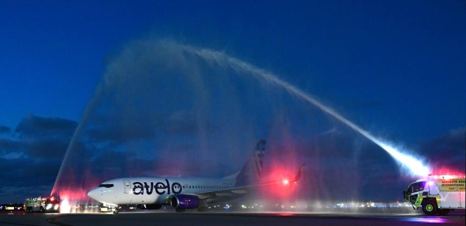 Water cannons greeted Avelo Airlines to the Sarasota Bradenton International Airport for Inaugural Flight to SRQ from New Haven, CT (HVN) Thursday evening, Jan. 13, 2022.