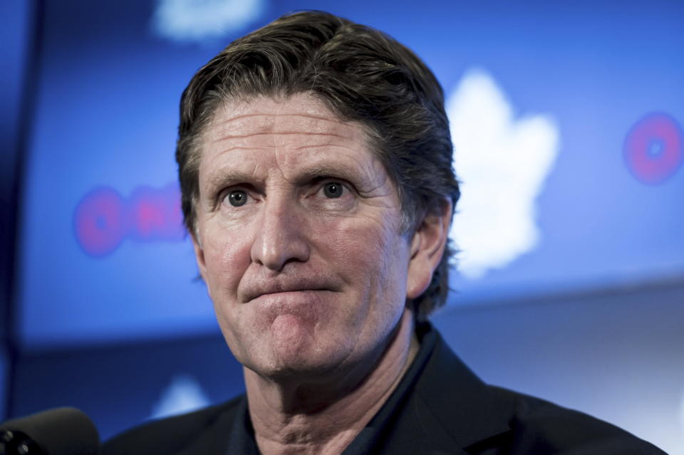 FILE - In this April 25, 2019, file photo, Toronto Maple Leafs coach Mike Babcock speaks to reporters in Toronto. The Maple Leafs fired Babcock on Wednesday, Nov. 20, 2019, and replaced him with Sheldon Keefe. (Christopher Katsarov/The Canadian Press via AP, File)