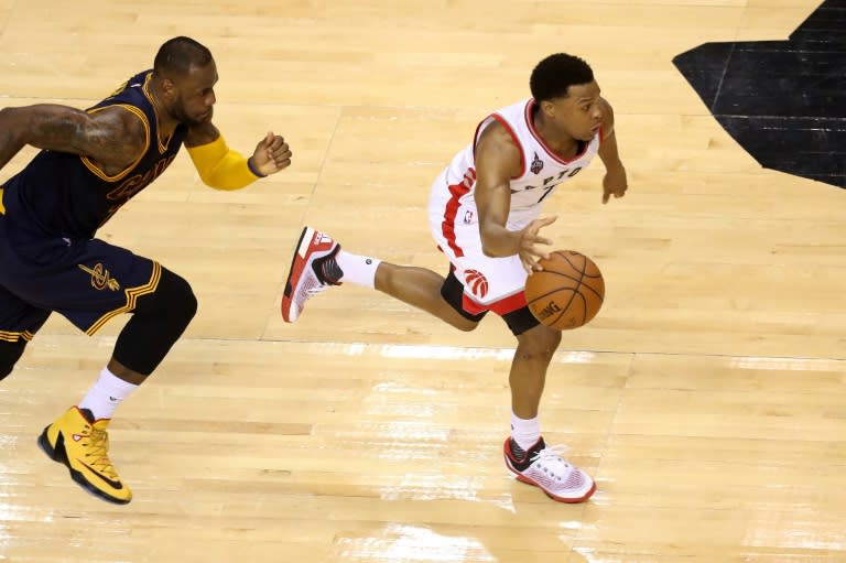 Kyle Lowry (R) scored 35 points as Toronto completed a victory that leaves the best-of-seven series tied at 2-2 with three games to play