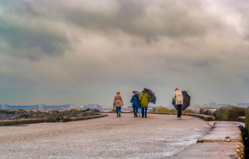 Group of people carrying umbrellas under a dark sky