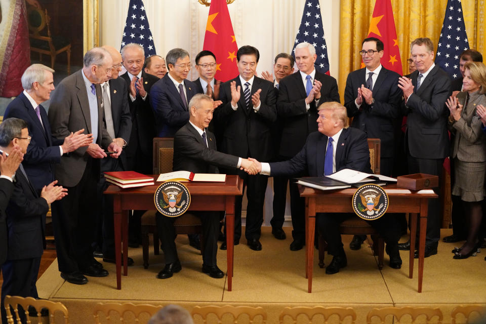 WASHINGTON D.C., Jan. 15, 2020 -- U.S. President Donald Trump and Chinese Vice Premier Liu He, who is also a member of the Political Bureau of the Communist Party of China Central Committee and chief of the Chinese side of the China-U.S. comprehensive economic dialogue, shake hands after signing the China-U.S. phase-one economic and trade agreement during a ceremony at the East Room of the White House in Washington D.C., the United States, Jan. 15, 2020.(Photo by Wang Ying/Xinhua via Getty) (Xinhua/Wang Ying via Getty Images)