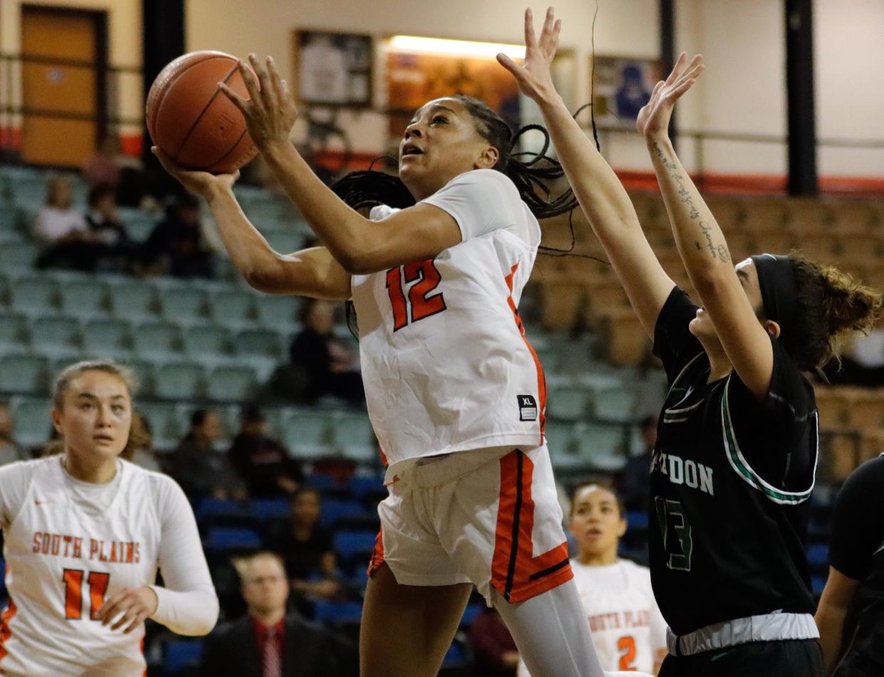 Daiysha Brown (12), pictured in a game earlier this season, scored the game-winning basket in the second overtime Friday to help South Plains College edge McLennan Community College 69-67 in the semifinals of the NJCAA Region V tournament.