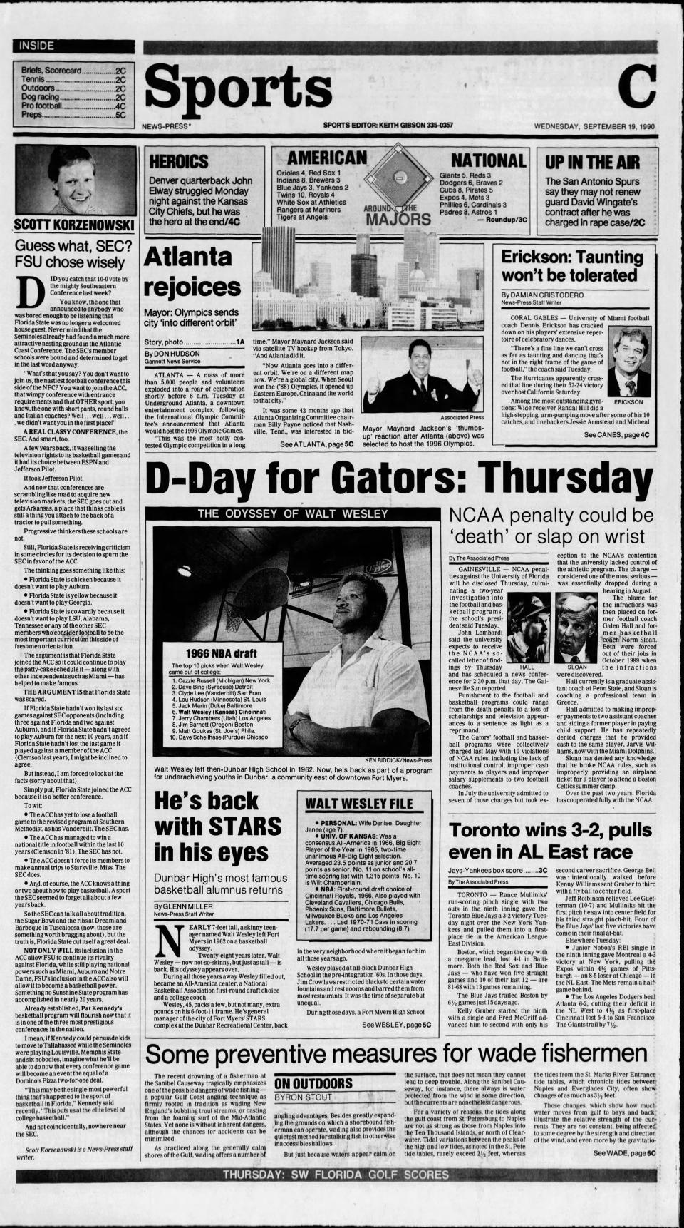 The News-Press article on Walt Wesley returning home from Sept. 19, 1990.